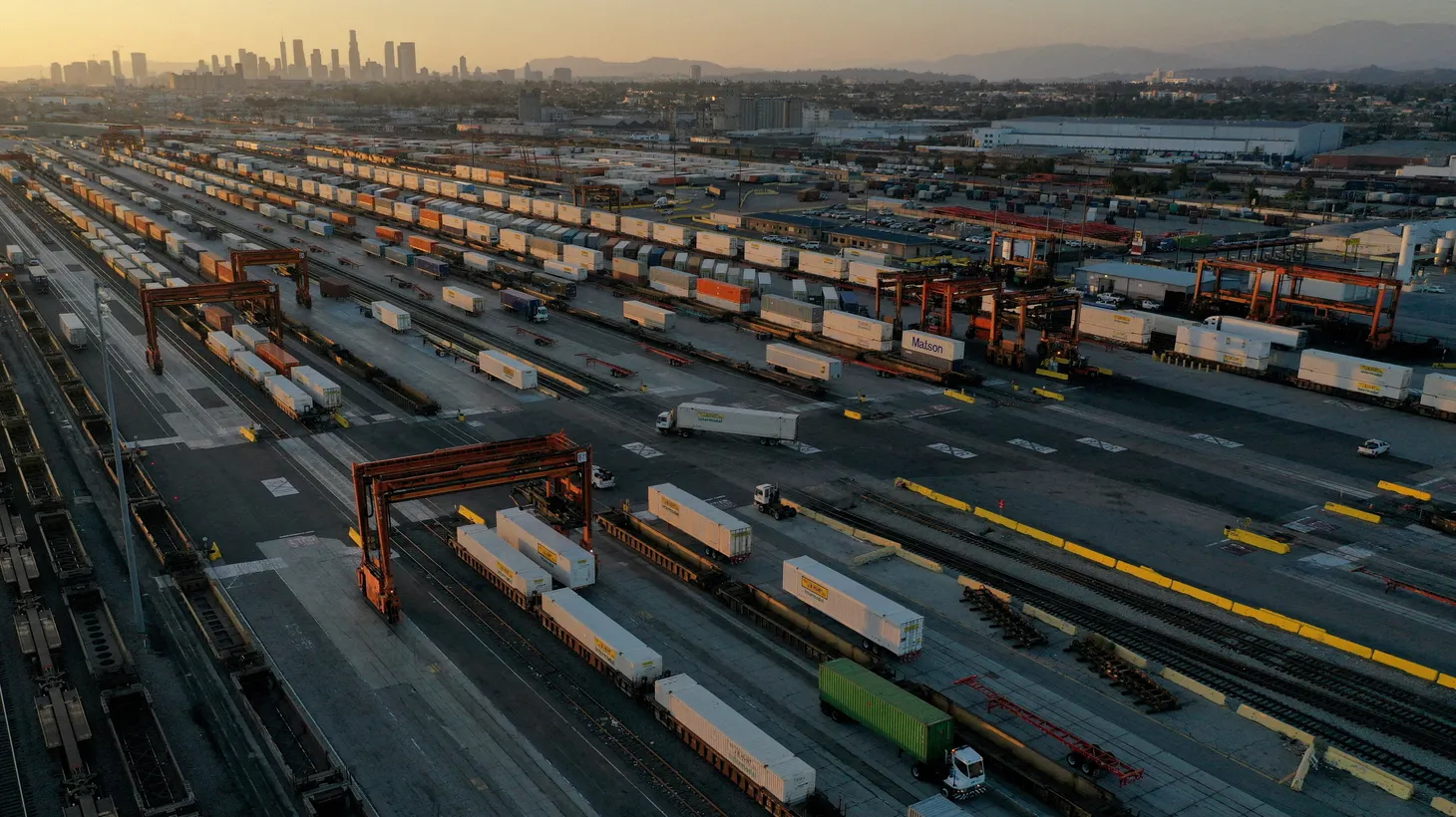 An aerial view shows gantry cranes, shipping containers, and freight railway trains ahead of a possible strike if there is no deal with the rail worker unions, at the Union Pacific Los Angeles (UPLA) Intermodal Facility rail yard in Commerce, California, U.S., September 15, 2022.