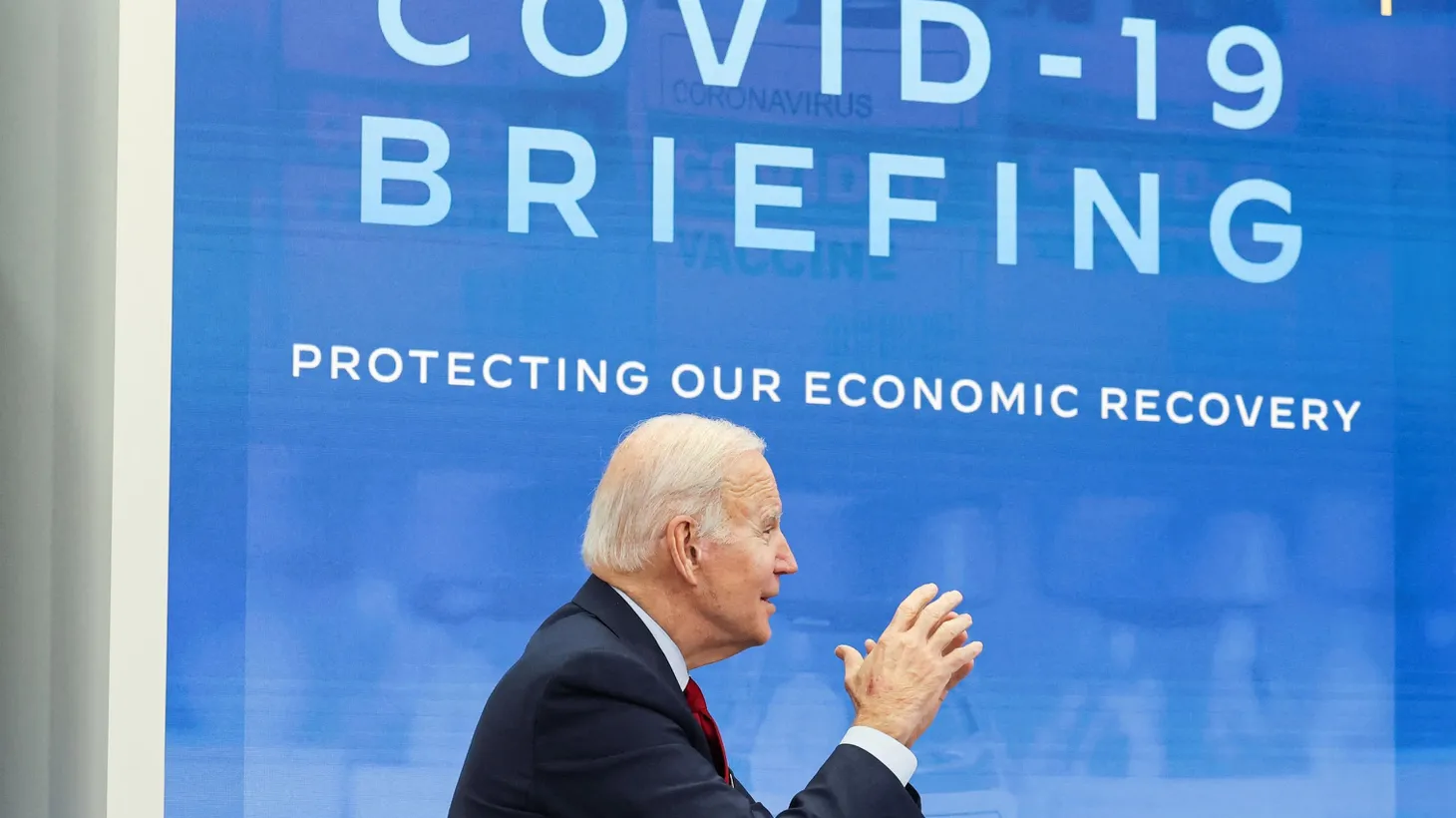 President Joe Biden speaks with members of the White House COVID-19 Response Team about the latest developments in the Omicron variant of coronavirus, Jan. 15, 2022.
