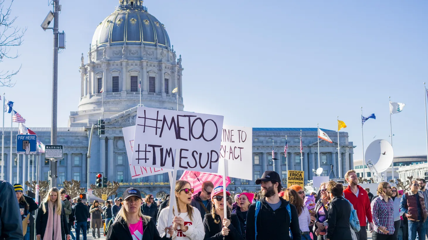 #Metoo activists march and hold signs in front of San Francisco City Hall, January 20, 2018.