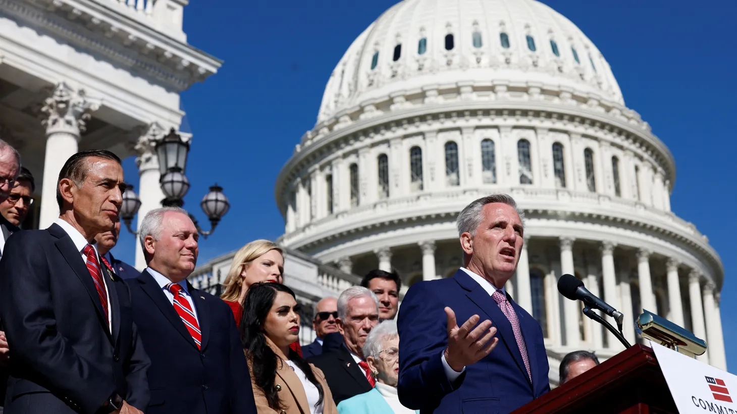 House Minority Leader Kevin McCarthy (R-CA) speaks during a news conference about the House Republicans’ "commitment to America" outside the United States Capitol building in Washington, D.C., U.S., on September 29, 2022.