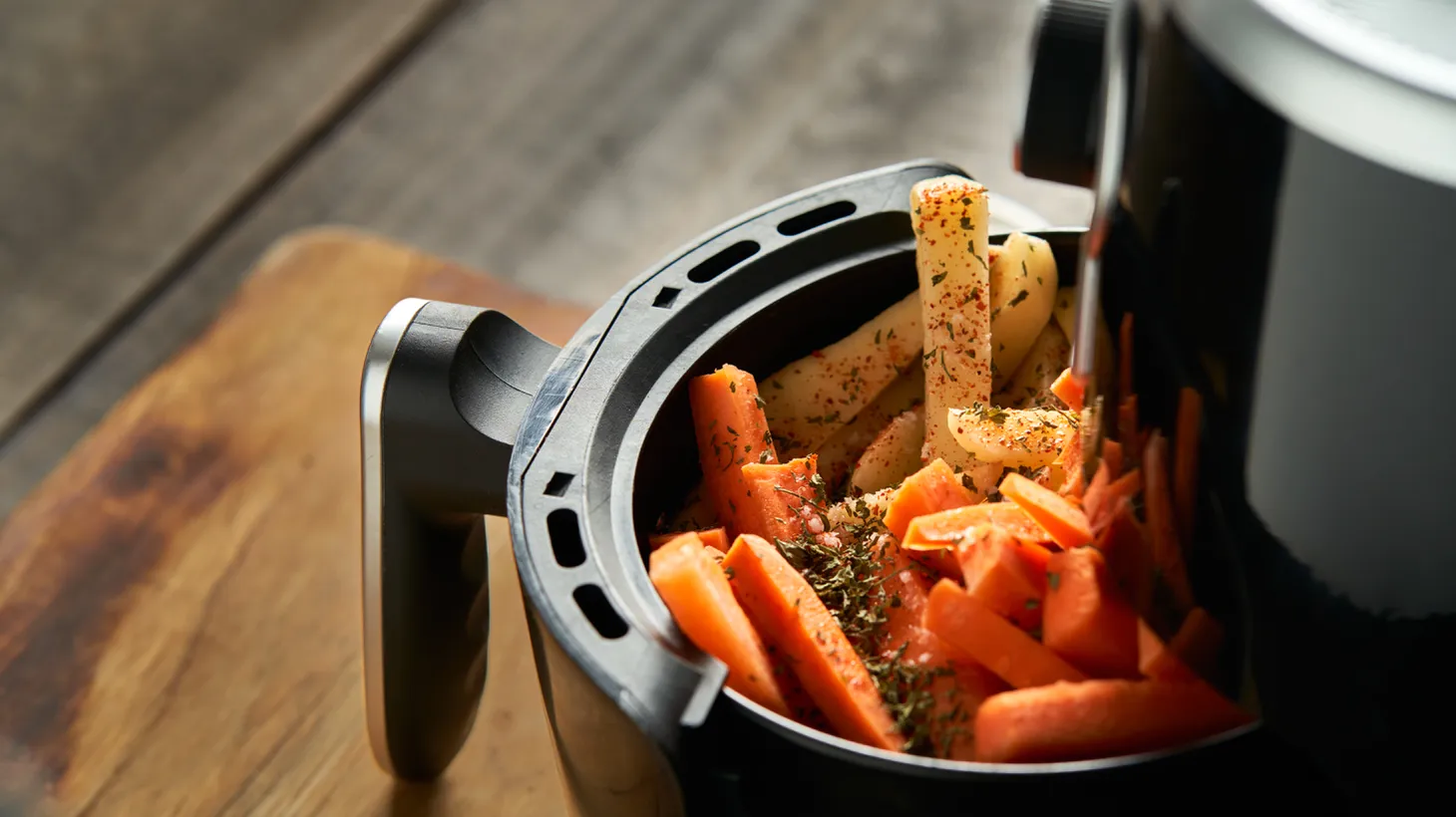 An air fryer is great for roasting vegetables, including carrots, potatoes, asparagus, zucchini, and sweet peppers.