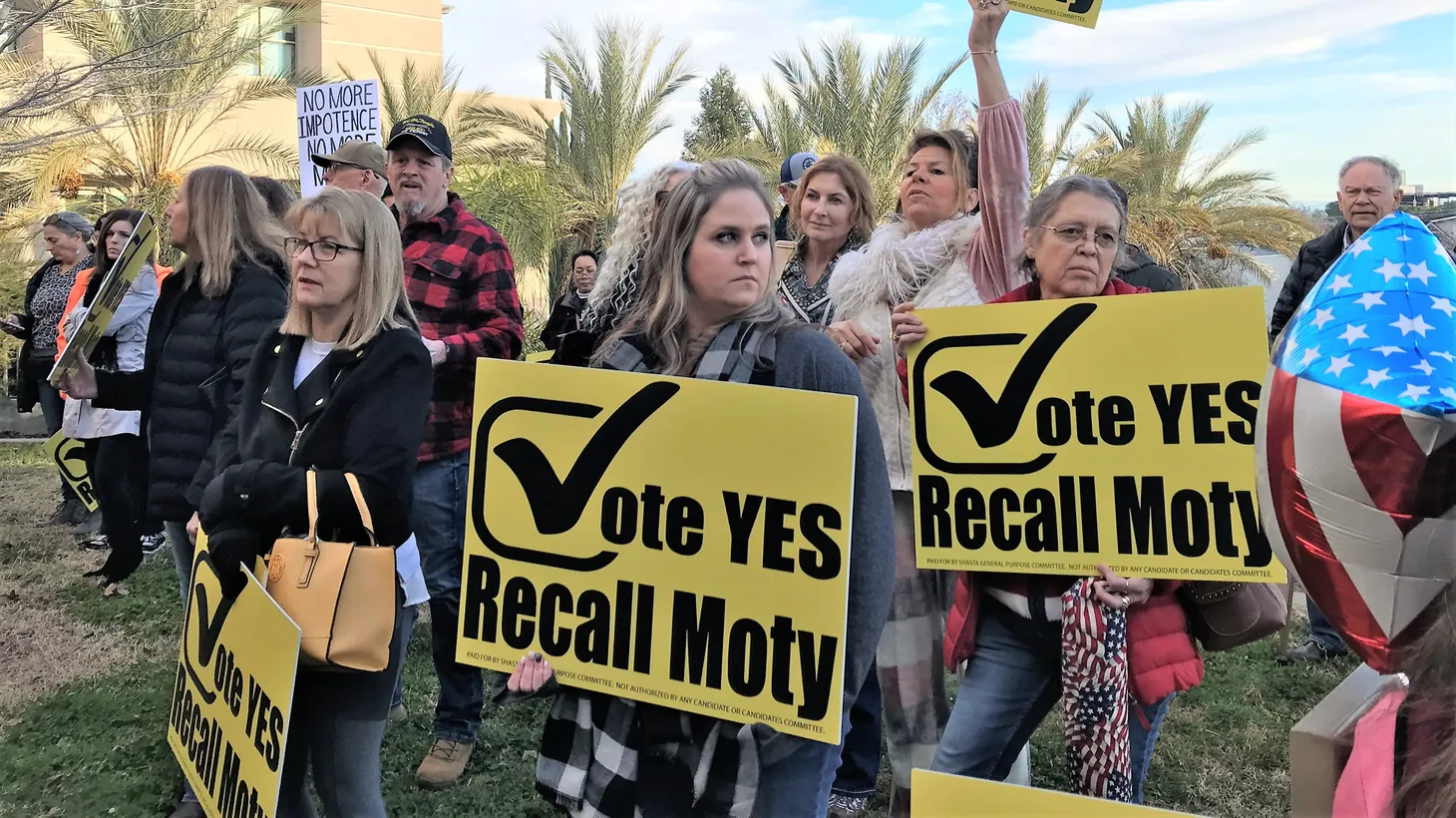 About 100 people stood outside the Shasta County Board of Supervisors chambers on Jan. 18, 2022, as the meeting was held virtually due to COVID-19. Many activists have been trying to oust Supervisor Leonard Moty.
