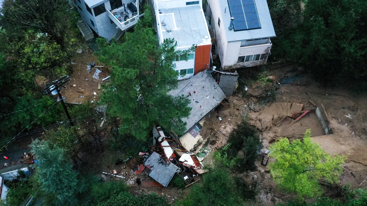 An ongoing rainstorm produced a mudslide that destroyed a home in Los Angeles, California, U.S., February 5, 2024.
