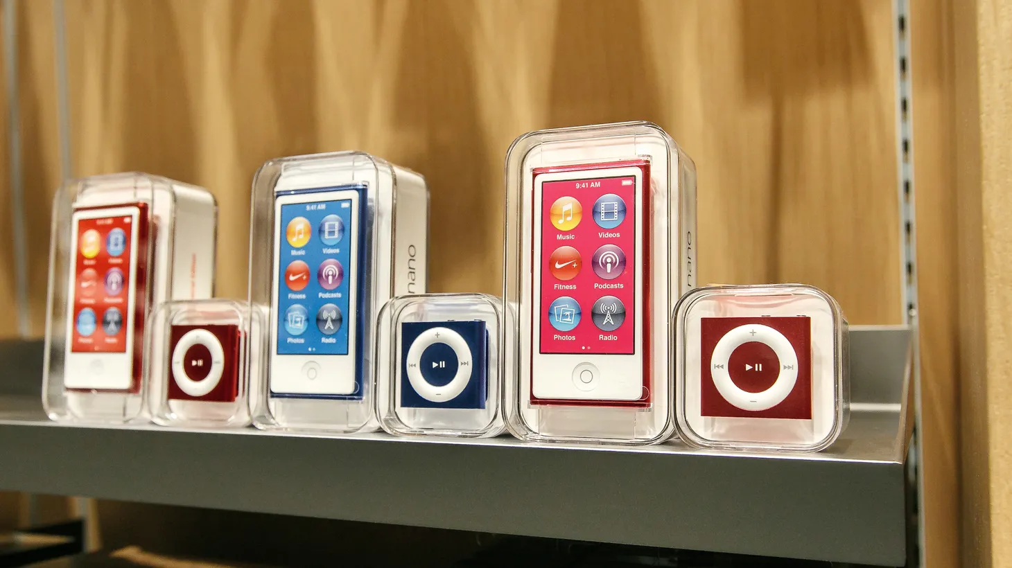 An Apple store stocks iPod Shuffle and iPod Nano mp3 players, Manhattan, New York, February 9, 2017.