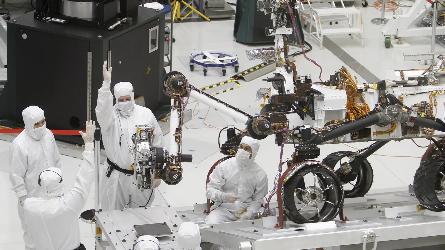 Technicians test the robotic arm of NASA's Mars Science Laboratory rover “Curiosity,” at the Jet Propulsion Laboratory in Pasadena, California, September 16, 2010.