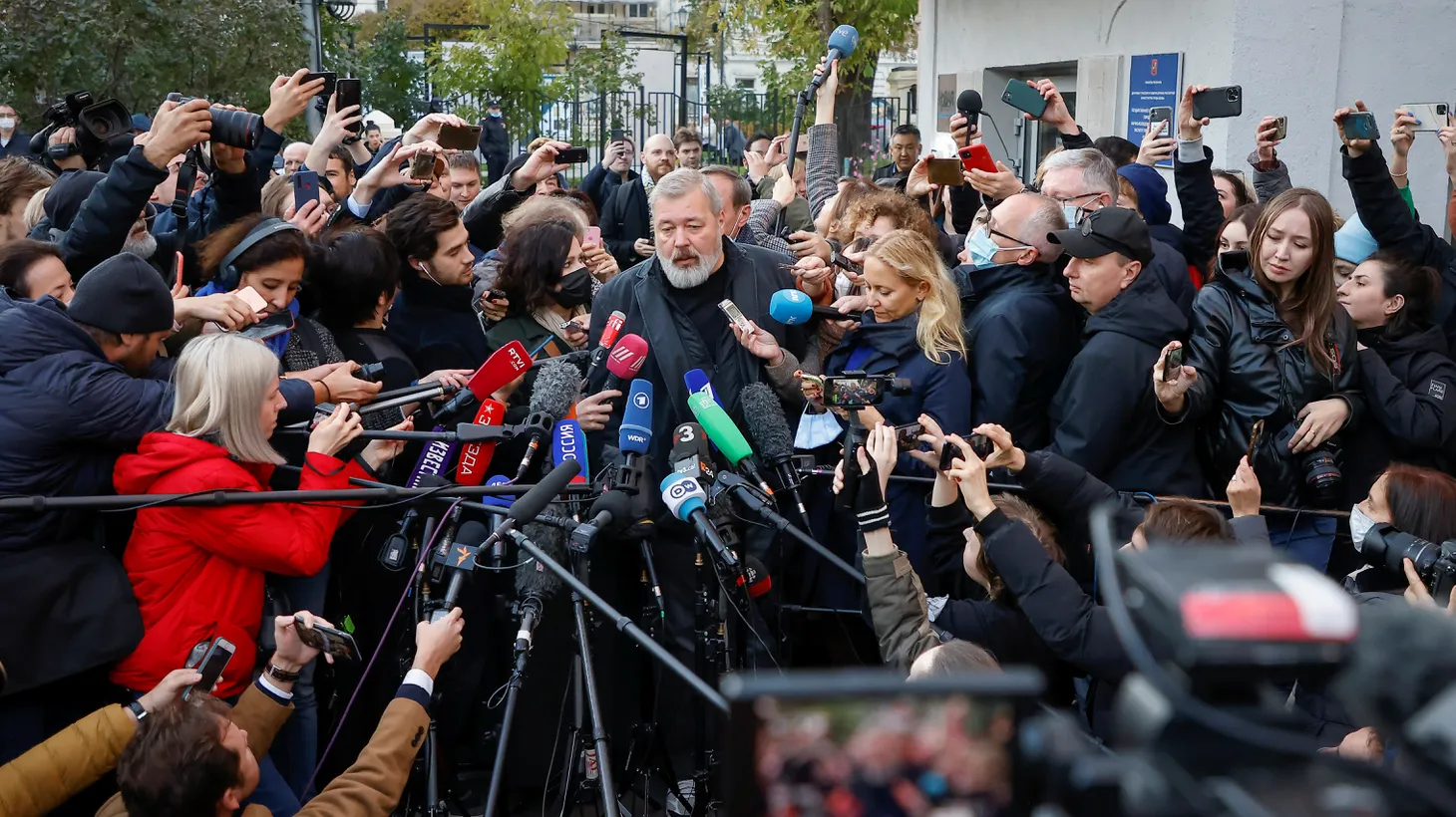 Russian investigative newspaper Novaya Gazeta's editor-in-chief Dmitry Muratov, one of 2021 Nobel Peace Prize winners, speaks with journalists in Moscow, Russia October 8, 2021.