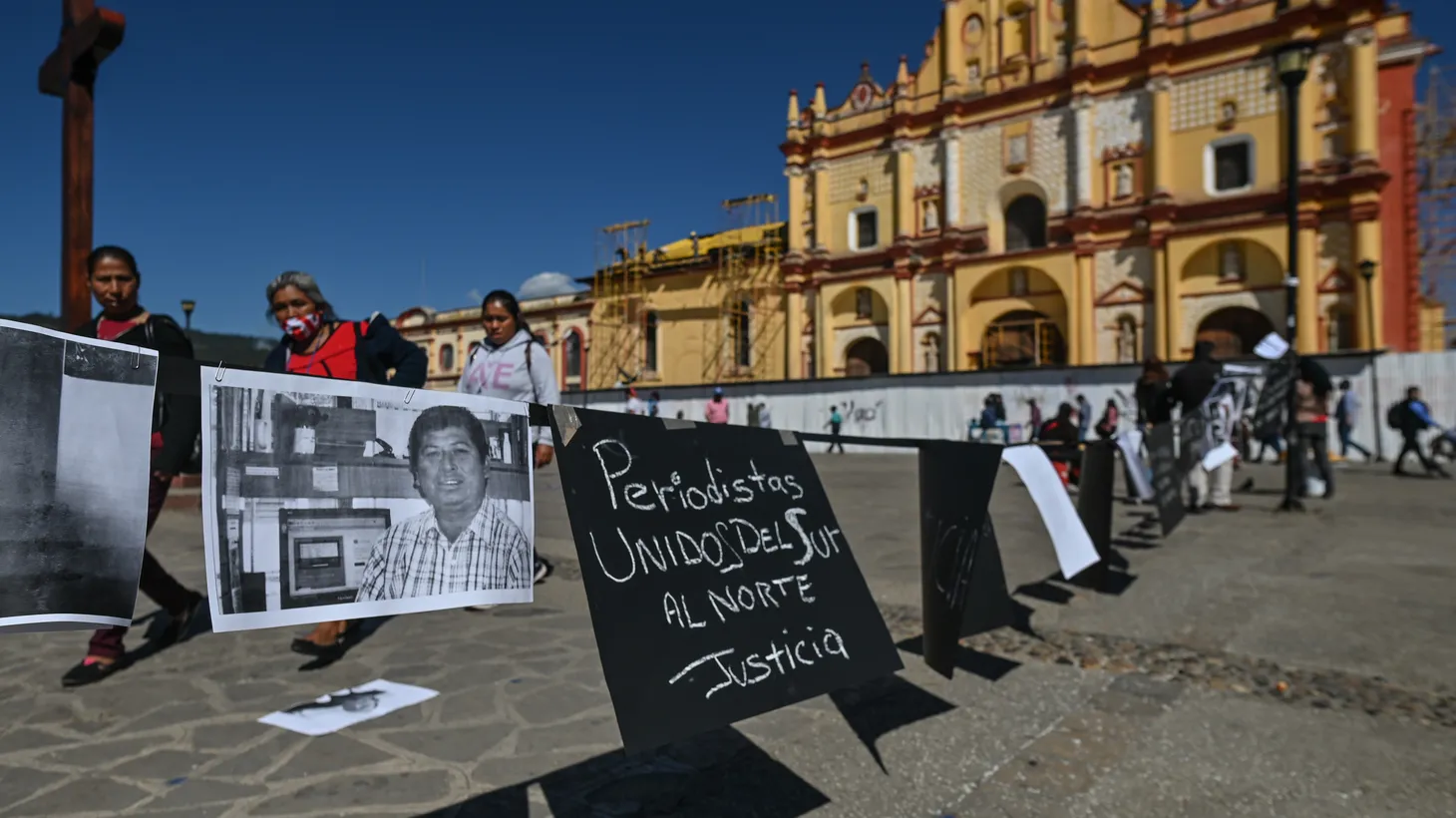Photos of murdered journalists are displayed in front of the Cathedral of San Cristóbal de las Casas, during a nationwide protest against violence against journalists in Mexico. Journalist Lourdes Maldonado Lopez was shot dead on January 24, 2022 in her car outside her home in Tijuana, marking the third murder of a journalist in the country this year.