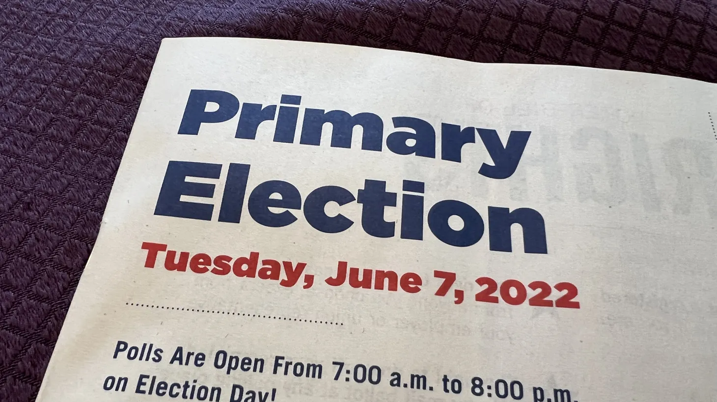 A voter information booklet for the 2022 American primary elections is displayed in Lafayette, California, May 6, 2022. “They might not realize that if one of the [LA mayoral] candidates gets to 50% on Tuesday, then there is no general election. You can win a mayoral contest by getting 50% plus one in the primary, and then it's over,” explains Paul Mitchell, vice president of Political Data Inc.