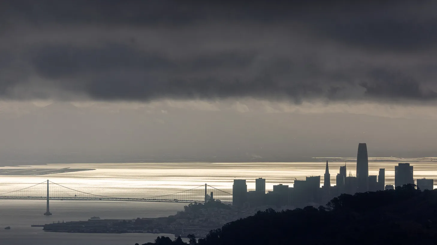A view of the San Francisco skyline and the Bay Area from the hills of Mill Valley is shown as a massive winter storm passes along the west coast, delivering some snow, freezing rains, and gusty winds in Mill Valley, California, U.S., February 23, 2023.