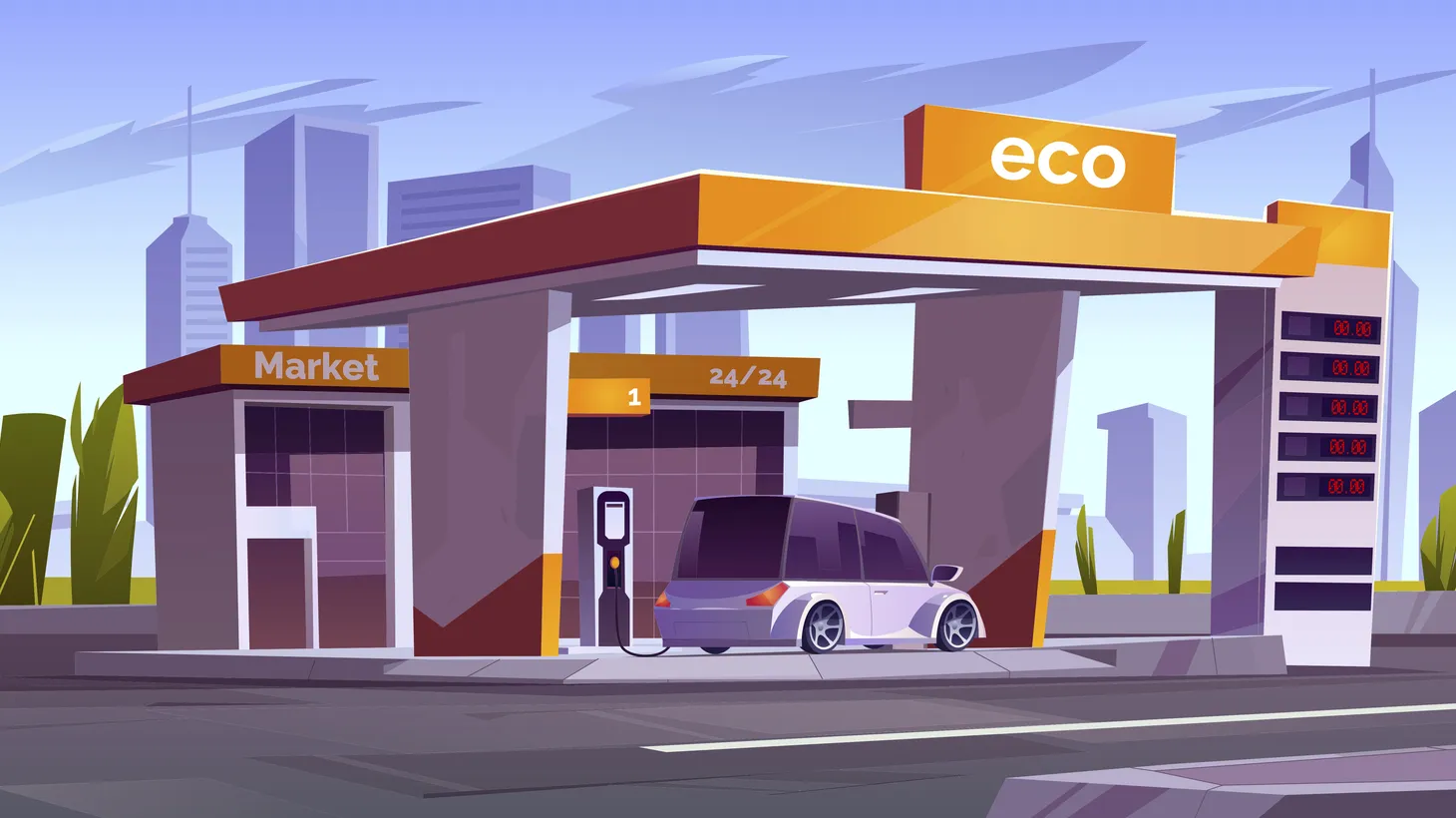 An illustration shows an electric charging station with a market.