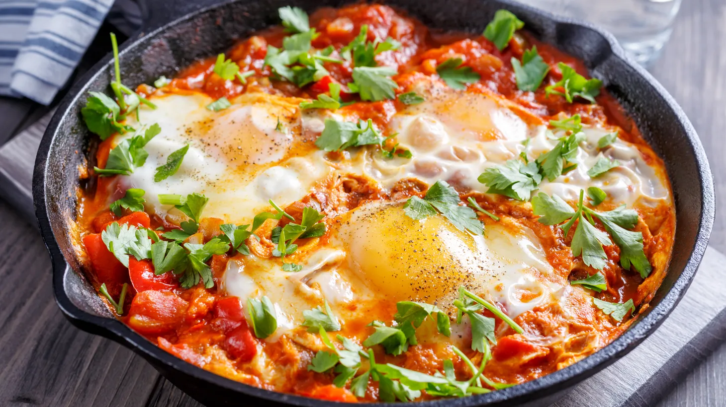 Shakshuka contains peppers, onion, tomatoes, and harissa.