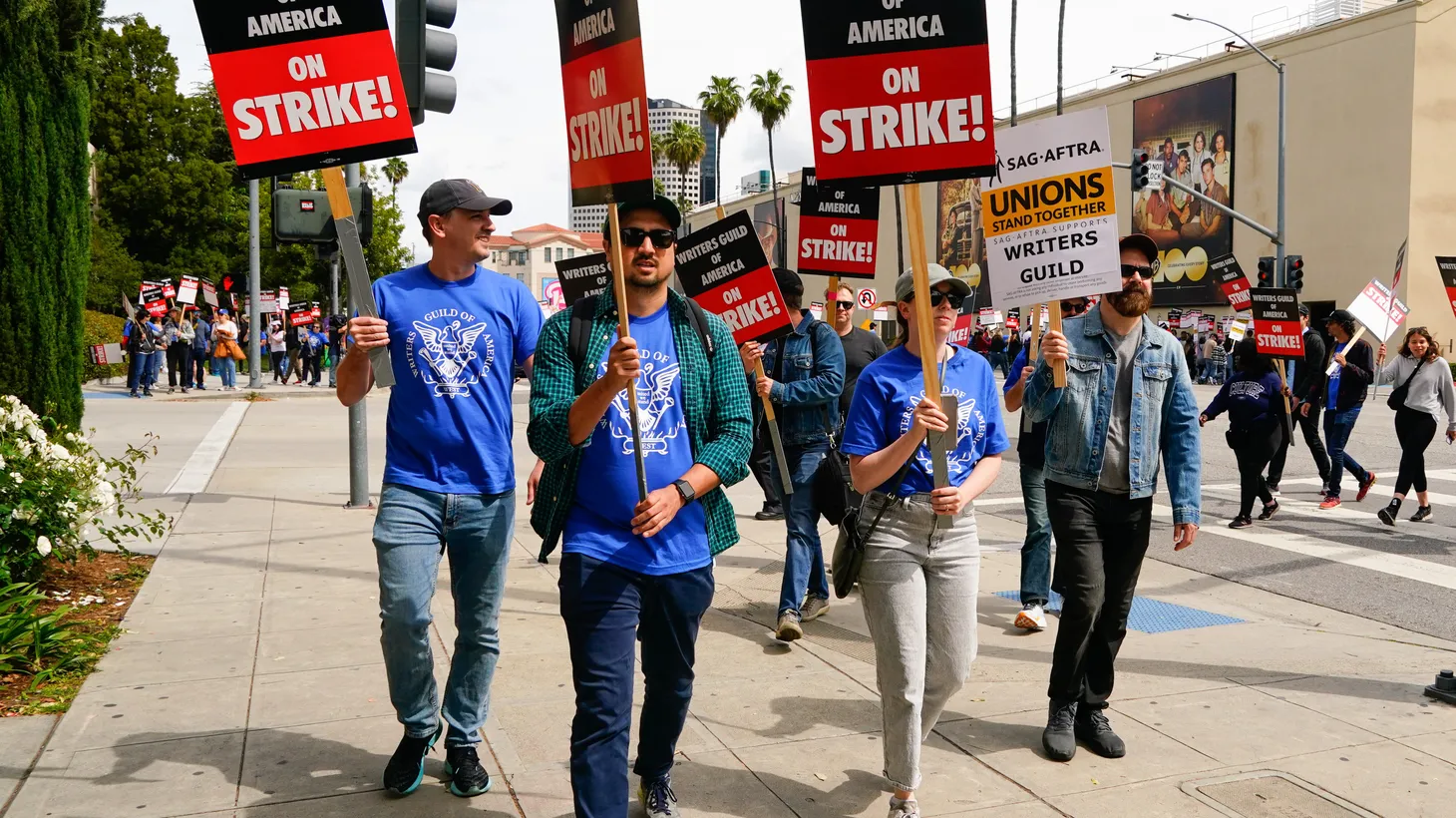 Members of the Writers Guild of America picket in front of Warner Brothers Studio in Burbank, Calif., May 5, 2023. The strike comes after weeks of negotiations failed to generate a contract between the guild and the Alliance of Motion Picture and Television Producers (AMPTP), which bargains on behalf of the nine largest studios. The WGA represents most writers for film and TV in the U.S.
