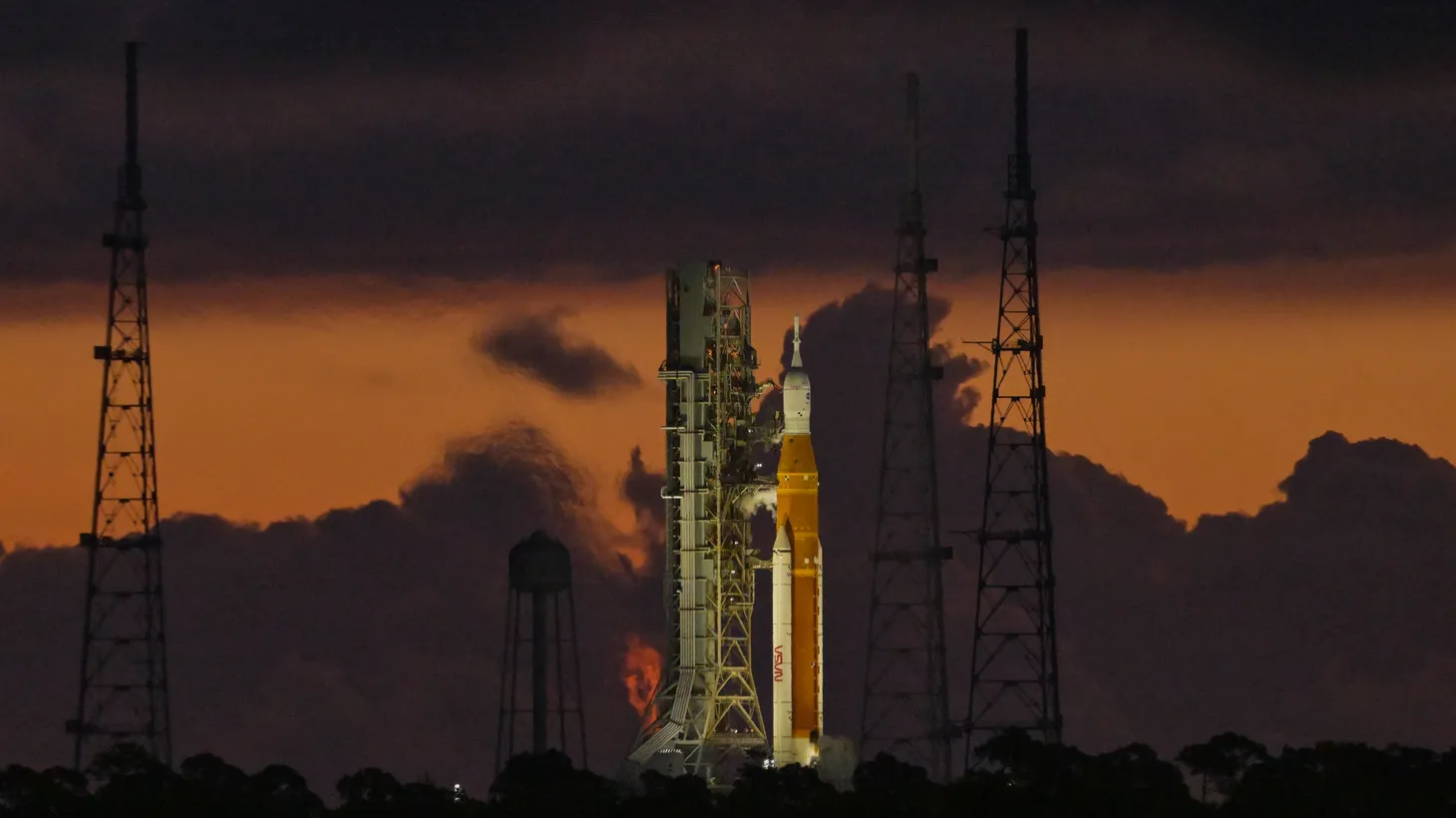 NASA's next-generation moon rocket, the Space Launch System (SLS), sits on the pad early in the morning before the unmanned Artemis 1 mission was scrubbed, at Cape Canaveral, Florida, U.S., August 29, 2022.