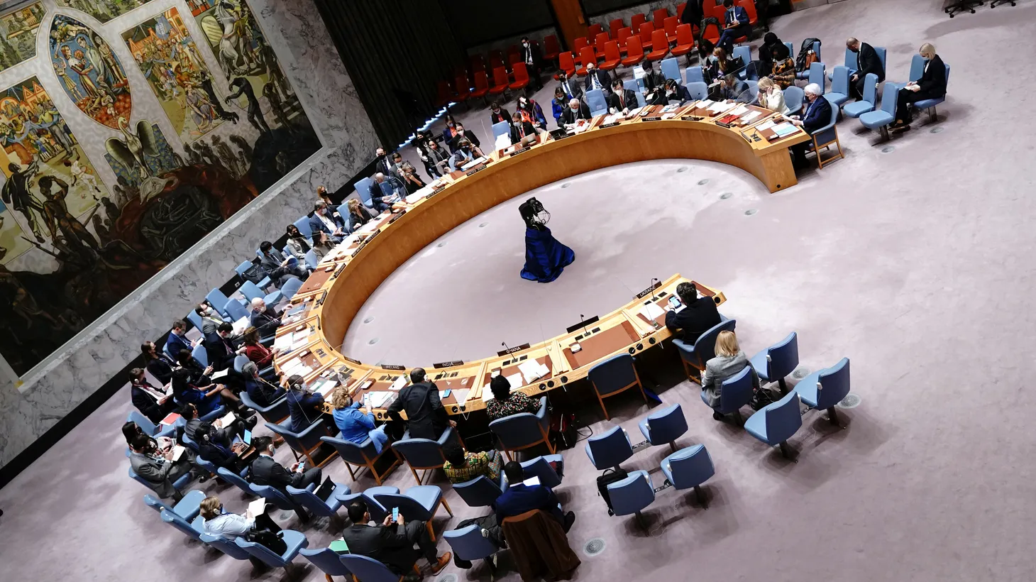 A general view shows the United Nations Security Council meeting on threats to international peace and security, following Russia's invasion of Ukraine, in New York City, U.S., March 7, 2022.