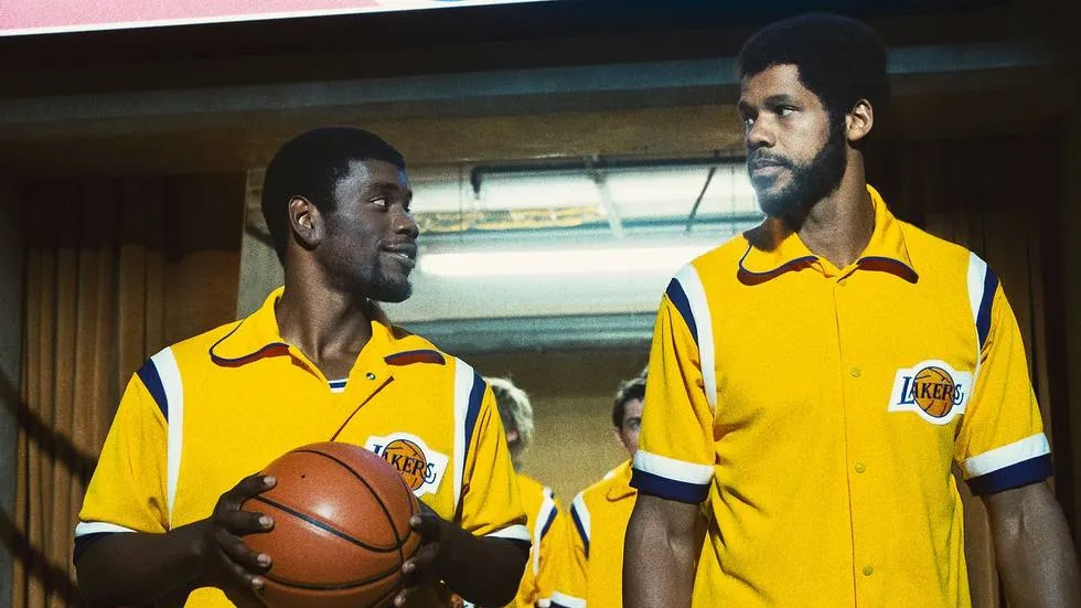 Quincy Isaiah plays Earvin “Magic” Johnson and Solomon Hughes plays Kareem Abdul-Jabbar in “Winning Time.”