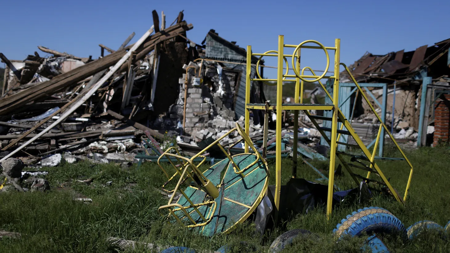 A damaged residential area is pictured in Chuhuiv, amid Russia's attack on Ukraine, near Kharkiv, Ukraine, May 5, 2022.