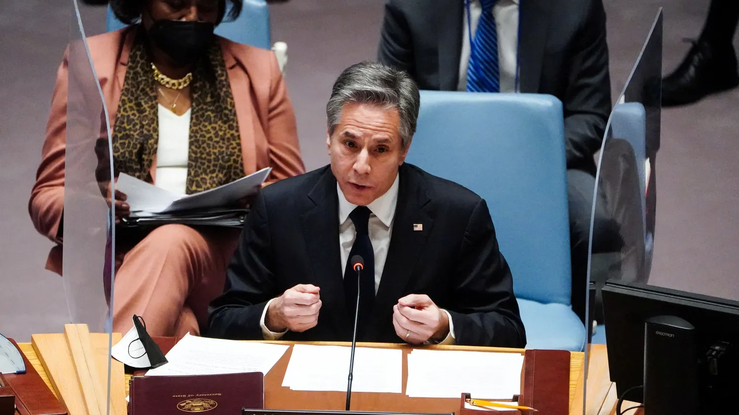 U.S. Secretary of State Antony Blinken speaks during a meeting of the U.N. Security Council on the situation between Russia and Ukraine, at the United Nations Headquarters in Manhattan, New York City, U.S., on February 17, 2022.