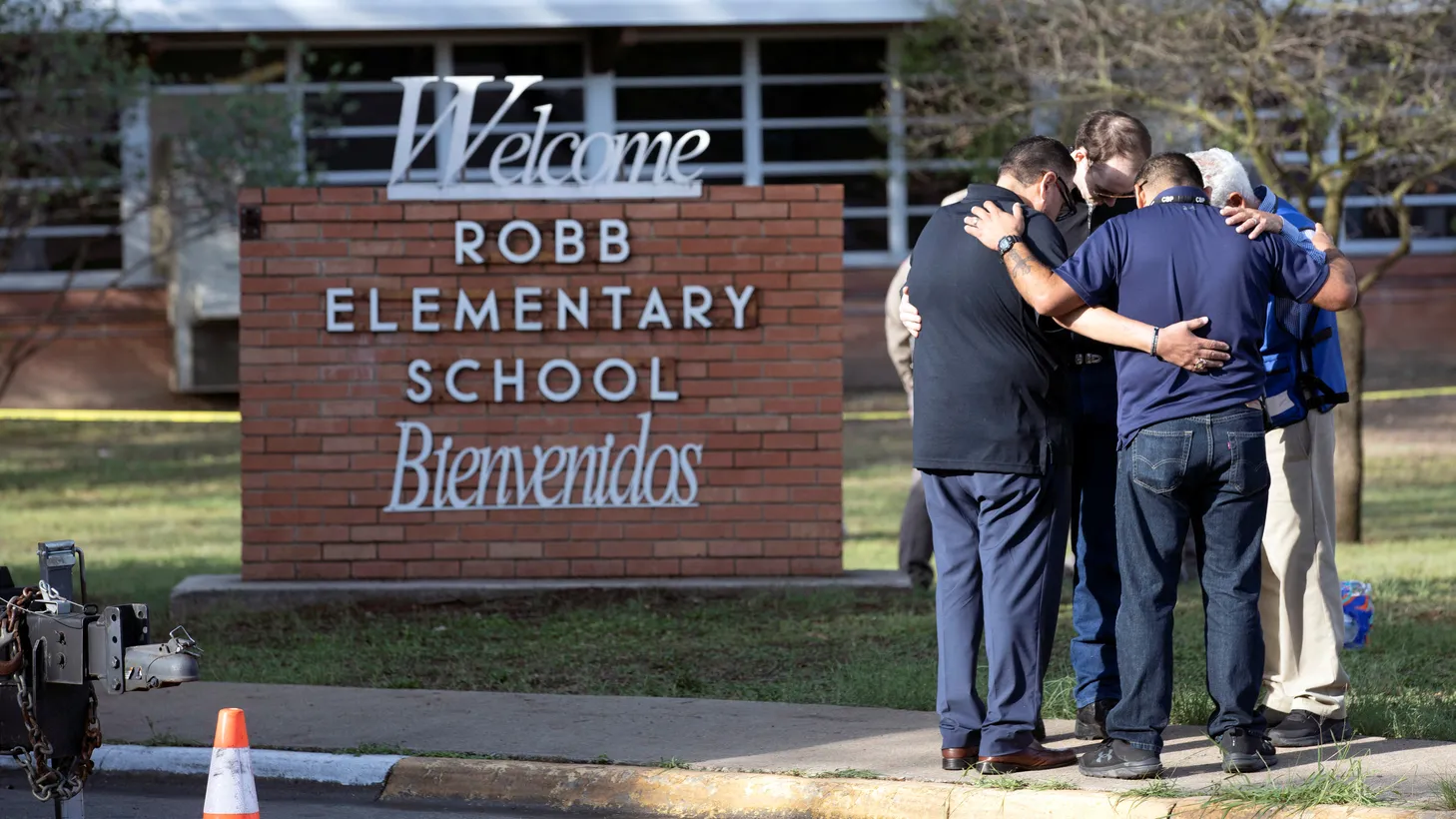 People gather at Robb Elementary School, the scene of a mass shooting in Uvalde, Texas, U.S., May 25, 2022. “There's this beautiful Buddhist saying … ‘tend the part of the garden you can reach.’ We can all reach within our own sphere of influence, to take care of the mental health of the people we love. … The root cause [of violence] is this misanthropy, this objectification of the other, and whatever part of the garden you can tend to [and] root that out, root it out,” says Rabbi Steve Leder.