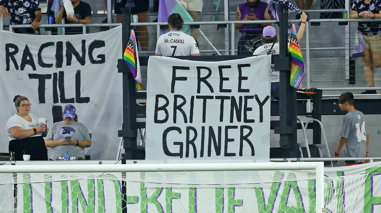 A sign supporting Brittney Griner (not pictured), who has been sentenced to nine and a half years in prison in Russia, is displayed during the first half of the game between the Washington Spirit and Racing Louisville FC at Lynn Family Stadium, Louisville, Kentucky, Aug. 5, 2022.
