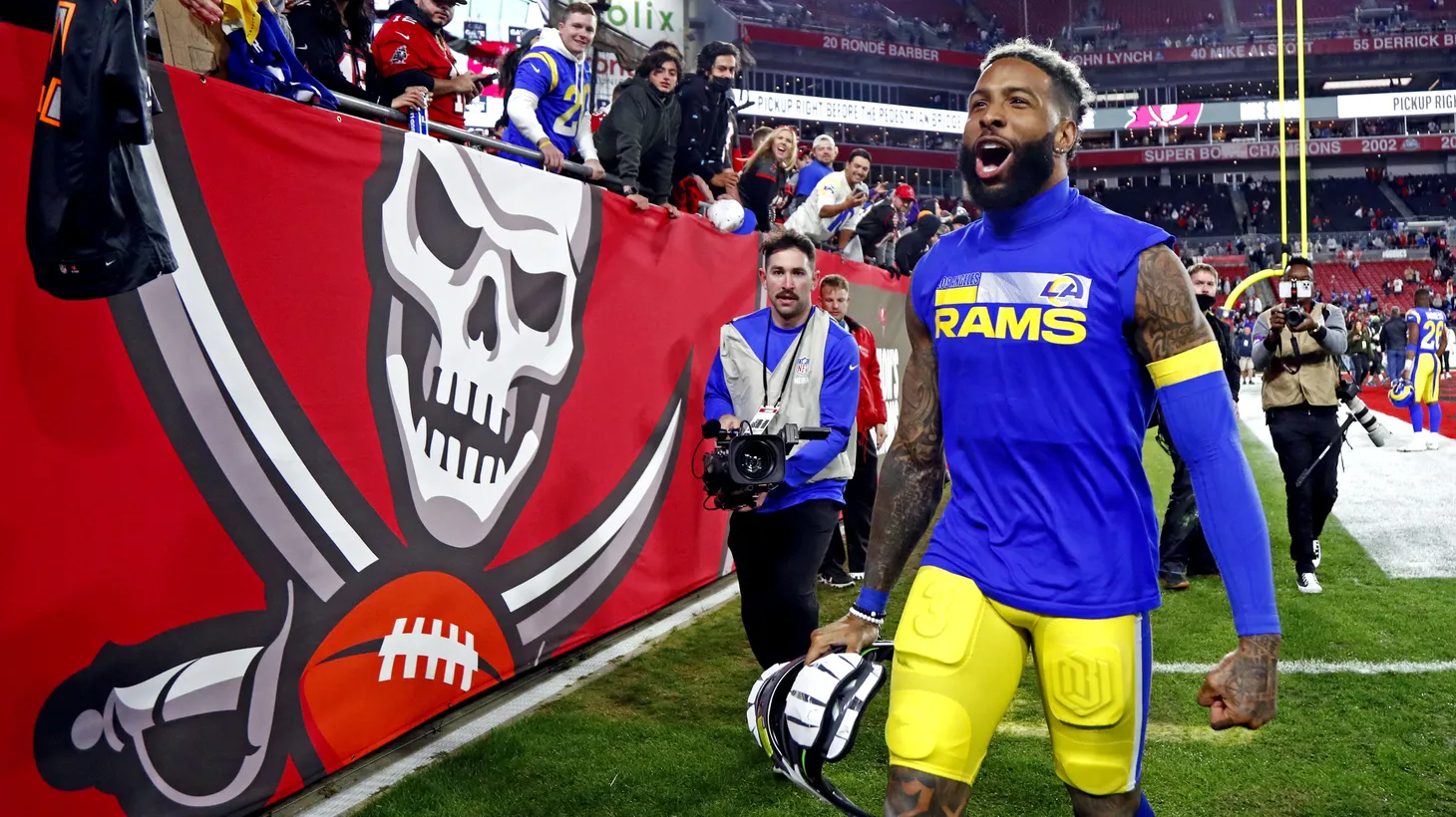 Los Angeles Rams wide receiver Odell Beckham Jr. (3) celebrates after beating the Tampa Bay Buccaneers in a NFC Divisional playoff football game at Raymond James Stadium, Jan 23, 2022; Tampa, Florida.