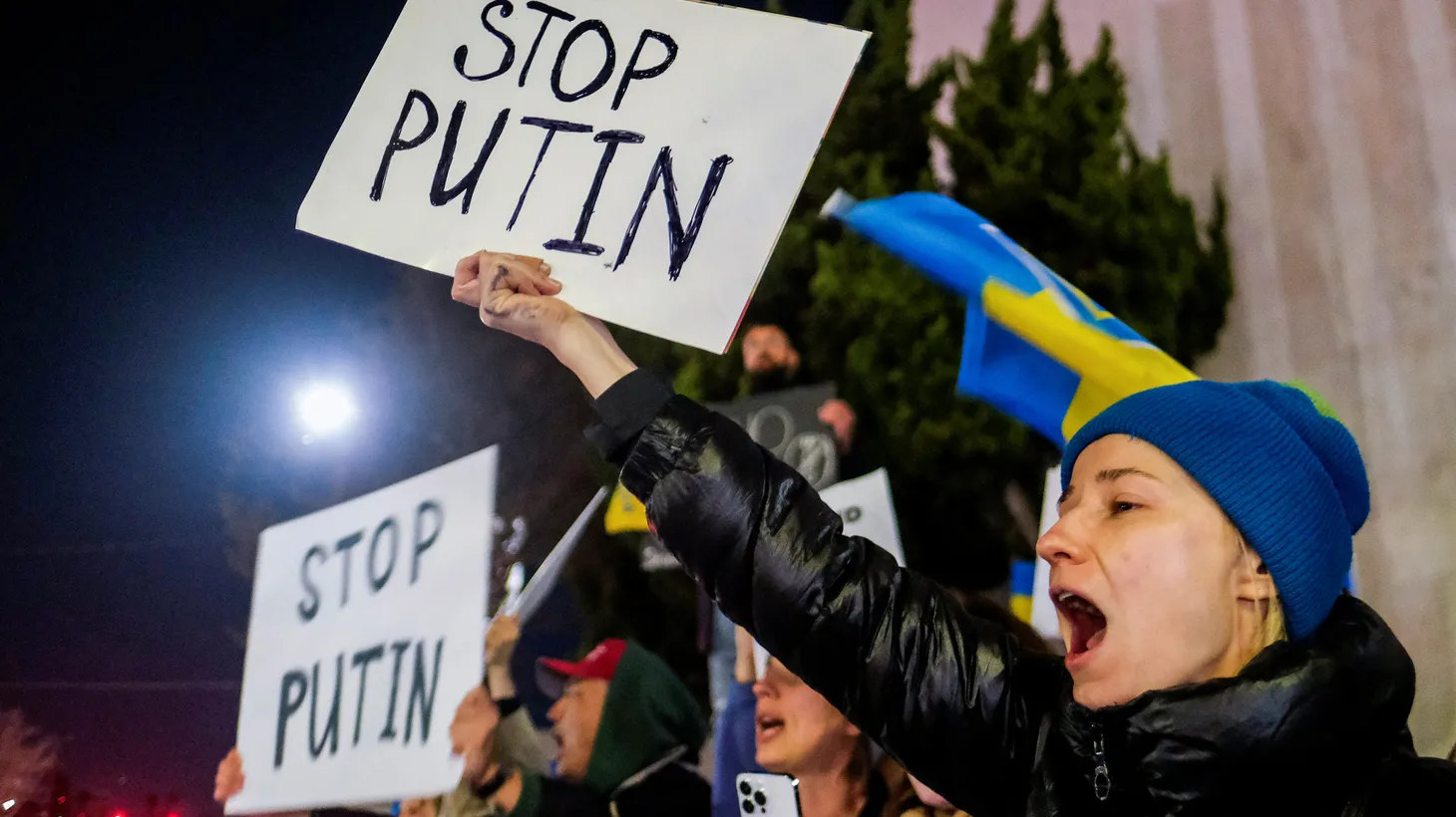 People demonstrate against Russia after it launched a massive military operation against Ukraine, in Los Angeles, California, U.S., February 24, 2022.