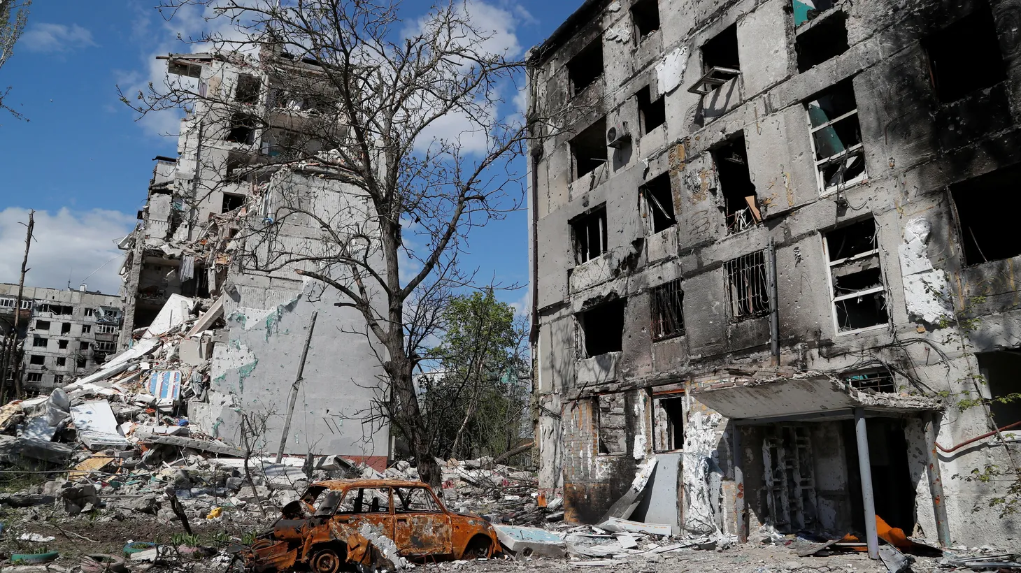 A view shows apartment buildings heavily damaged during the Ukraine-Russia conflict in the southern port city of Mariupol, Ukraine, April 28, 2022. Picture taken April 28, 2022.