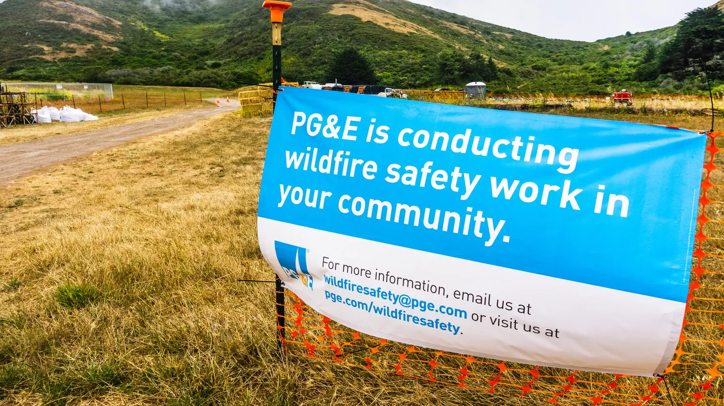 PG&E sign stating that the Company is conducting wildfire safety work. Sausalito, CA.