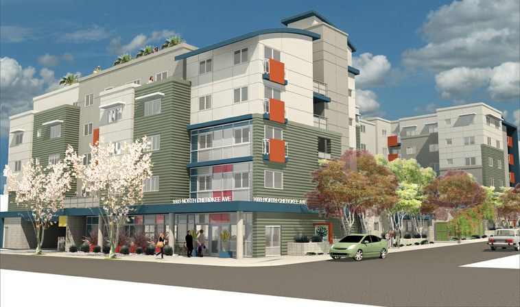 Artist rendering of completed LAUSD housing complex now under construction in Hollywood. When built, about 50% of the apartments will be set aside for school district employees. 